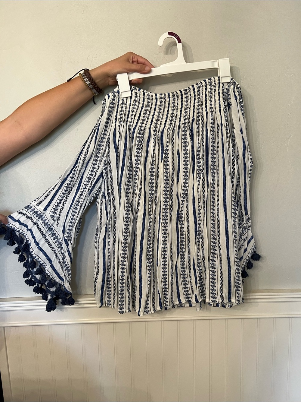 Boho Navy and White Striped off the shoulder boho shirt